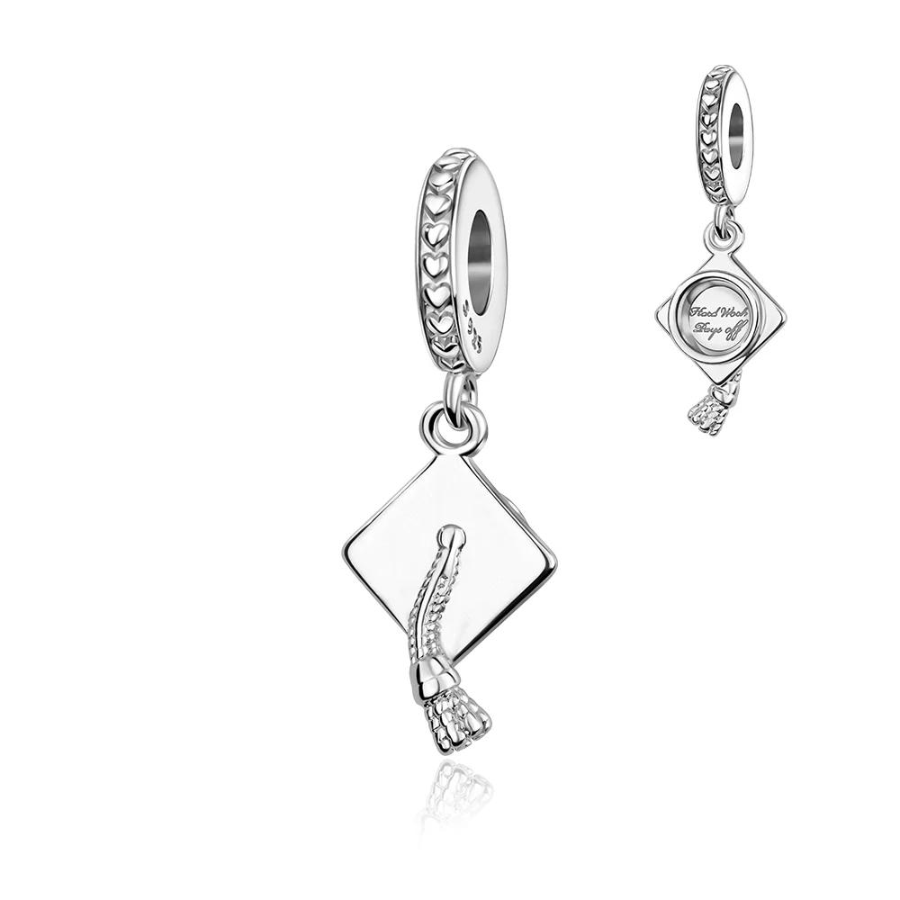 Original 925 Silver Graduation Charms Mortarboard Beads Flower Pendants for Bracelet Necklace DIY Jewelry Gift