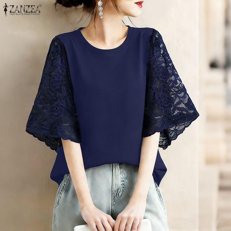 ZANZEA Women Casual Round Neck Lace Splice Half Sleeve Blouse S тёмно-синий