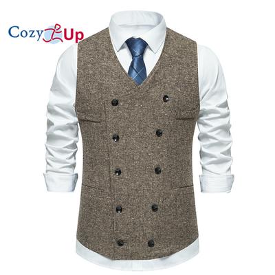 Erkek Resmi Tweed Takım Elbise Yeleği Çift Sıralı Slim Fit Yün Smokin Düz Yelek