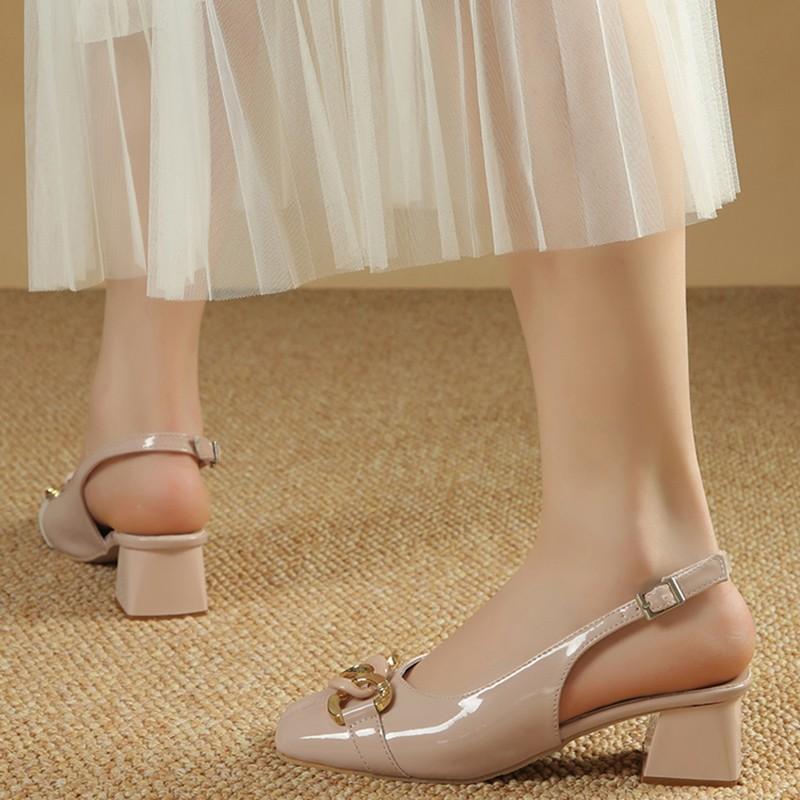 Foreign style outer wear solid color sandals 2025 summer one-word buckle with skirt single shoes thick heel non-slip fashion shoes foreign trade