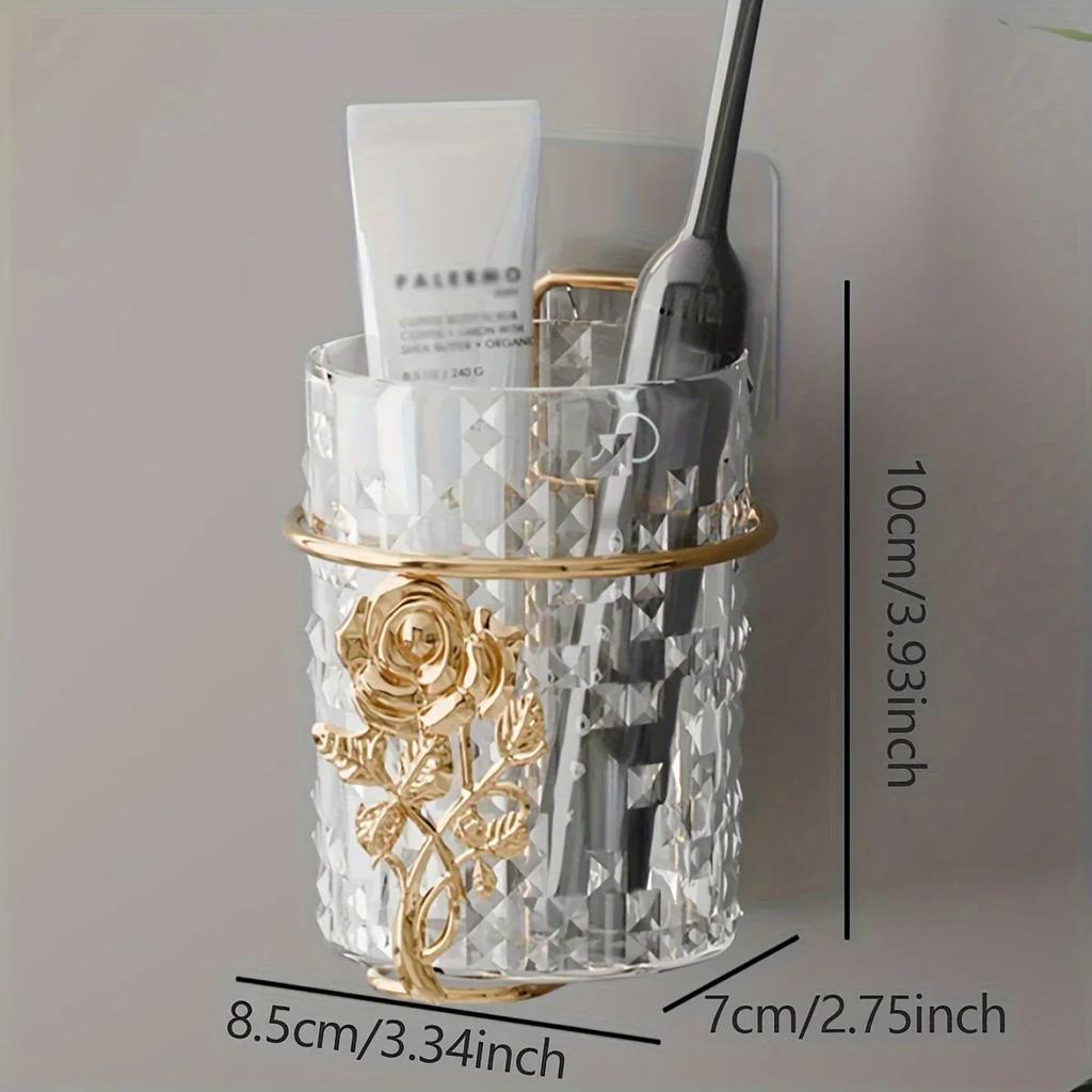 1pc-Wall Mounted Toothbrush Holder, Mouthwash Cup, No Drilling Required, Bathroom Organizer, Non-Electric, .Decorations