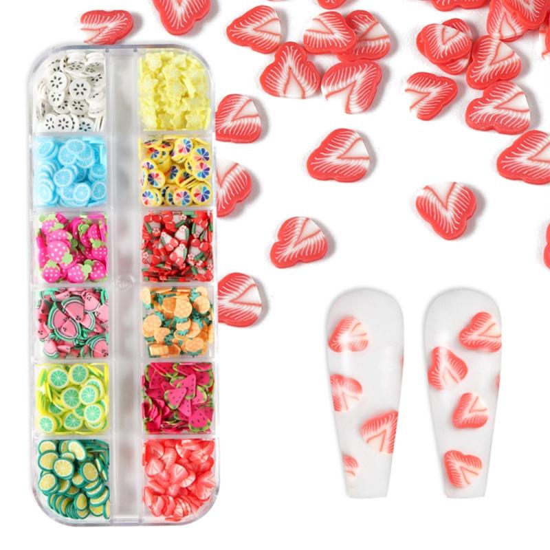 12 Grids/Box Fruit Soft Clay Beads Fruit Nail Art Supply Slime 3D Polymer Slices UV Epoxy Resin Mold Filler Decorations