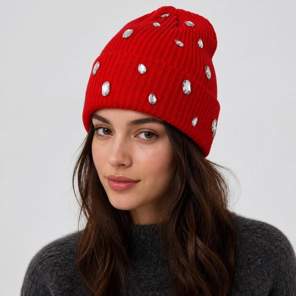 Solid Color Beanie Hat Rhinestone-embellished Skull Cap Fashionable Pullover Knit Cap Autumn