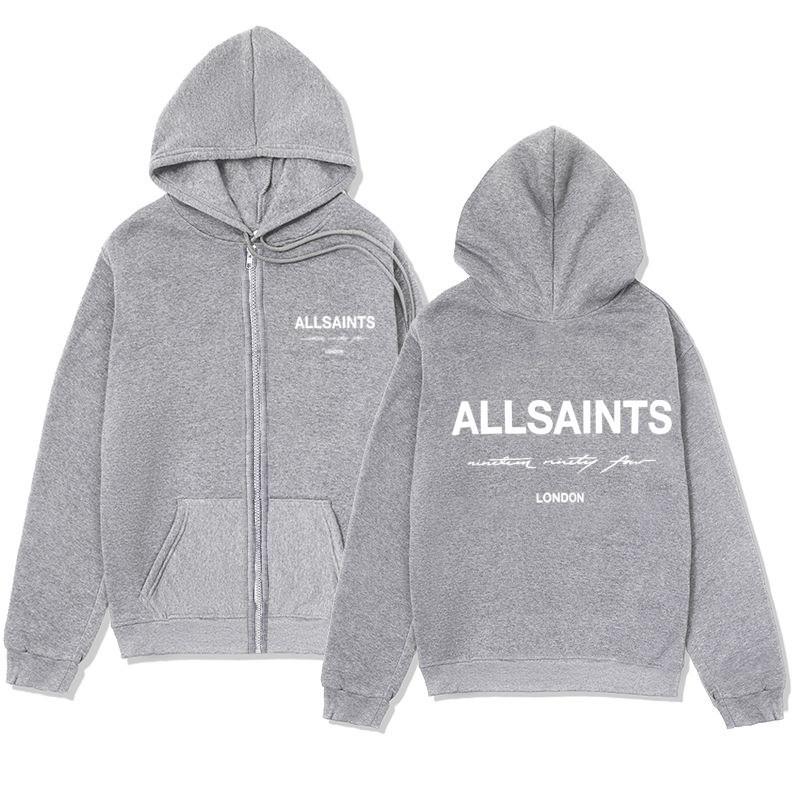 ALLSAINTS Letter Print Zip Up Hoodie Loose Drop Shoulder Casual Sweatshirt Men Women