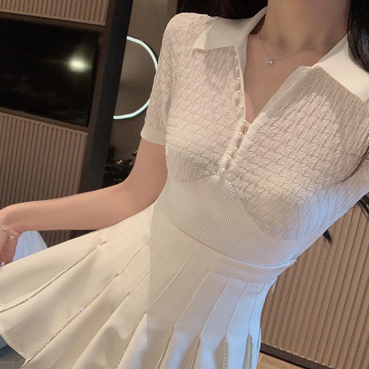 2023 Women's Slim Fit Ice Silk Knit Polo Shirt In White - Summer Short-Sleeved Top