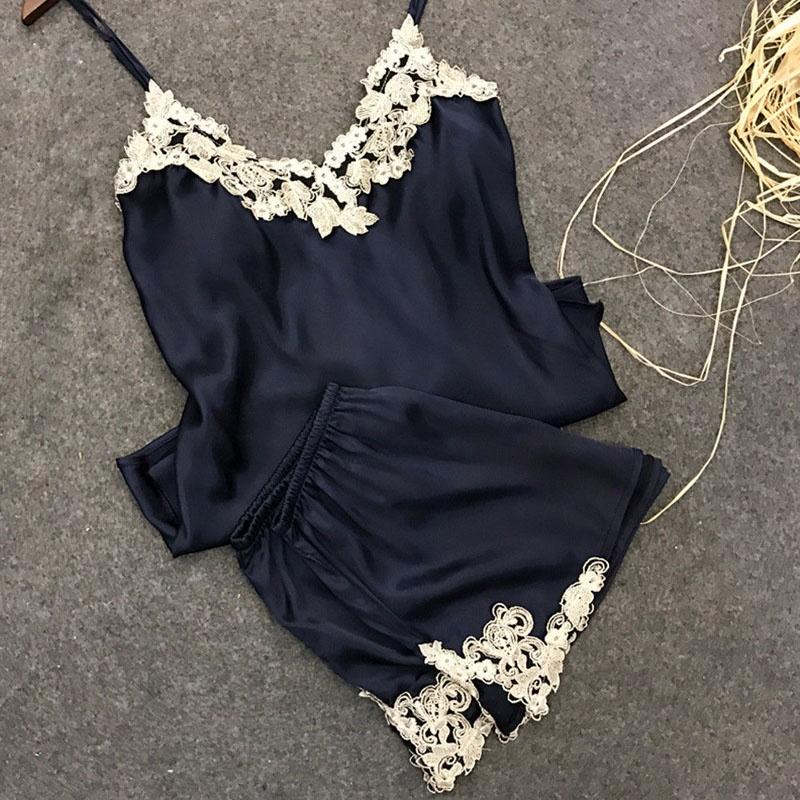 Elegant And Alluring Satin Lace Sleepwear Babydoll Lingerie Nightdress Pajamas Set For Women