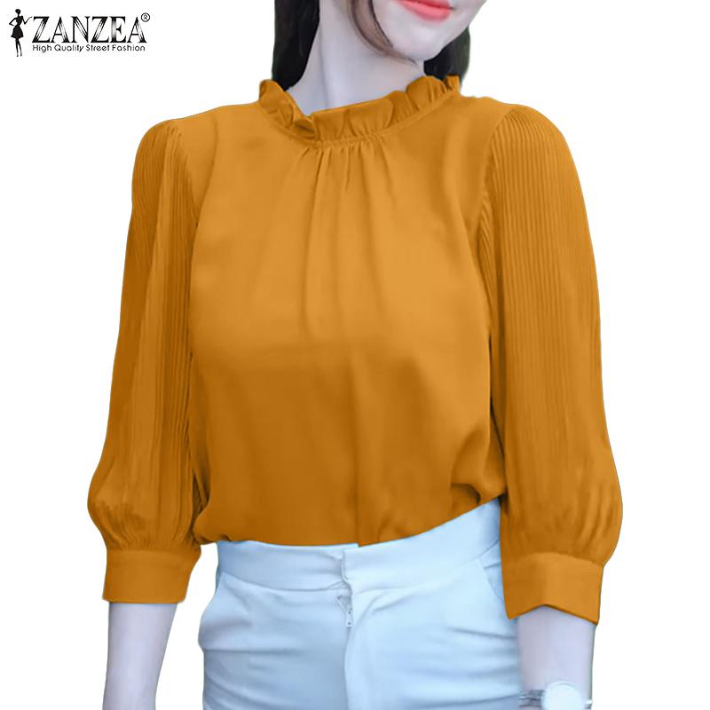 ZANZEA Women Casual Round Neck Solid Color 3/4 Sleeve Loose Blouse