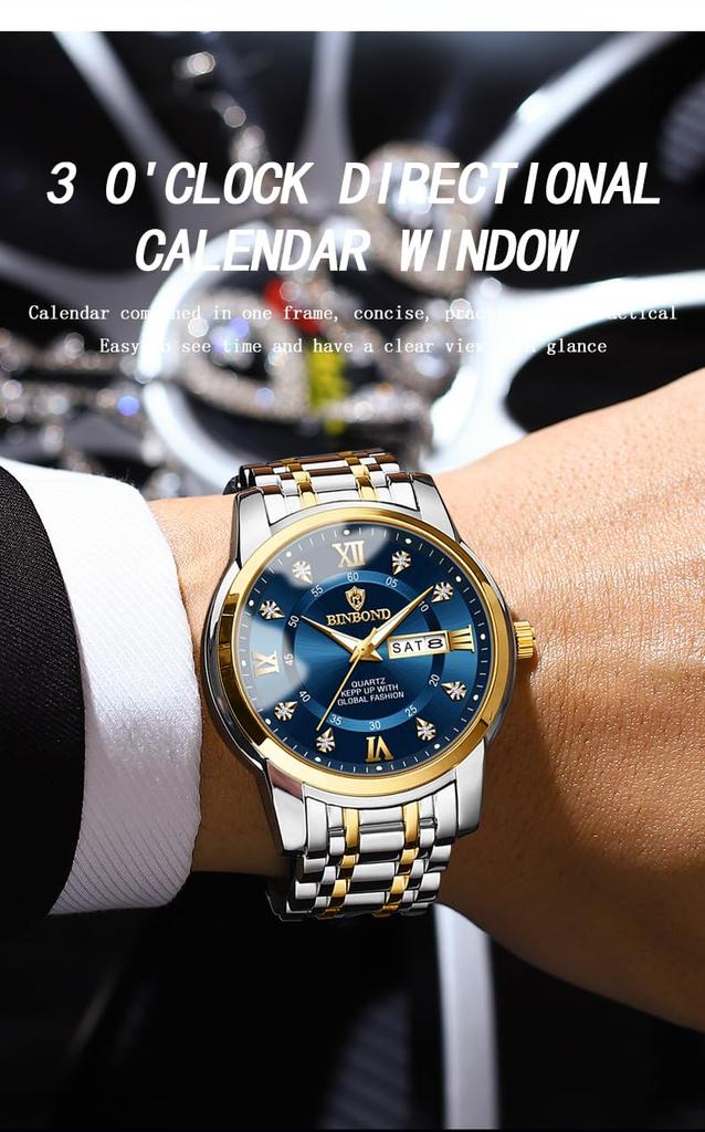 quartz stainless stylish Men's watch, blue, popular, movement, calendar, waterproof, steel,