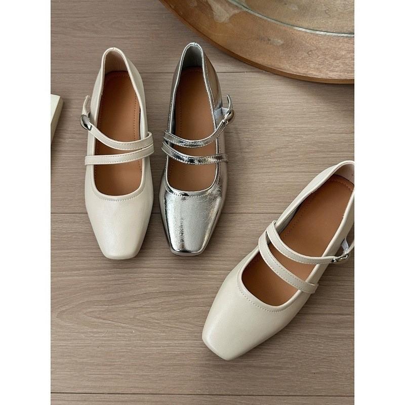 French retro square head Mary Jane shoes women's 2025 new light mouth thick heel flat bottom small leather shoes evening gentle single shoes