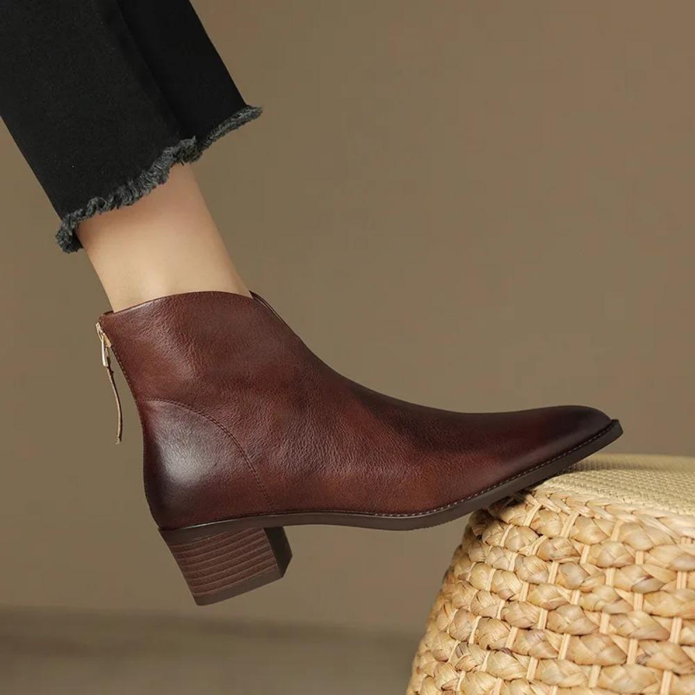 Fashion Pointed Brown Retro Ankle Boots Women's Autumn Winter British Style V-neck Short Boots Woman's Medium Heel Leather Shoes Zapatos