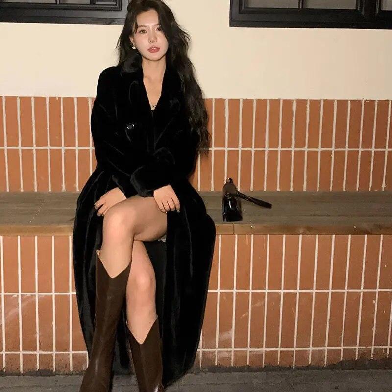 Faux Mink Fur Coats For Women Autumn Winter Long Jackets Thick Warm Double Breasted  Turn-down Collar New Fashion Overcoats