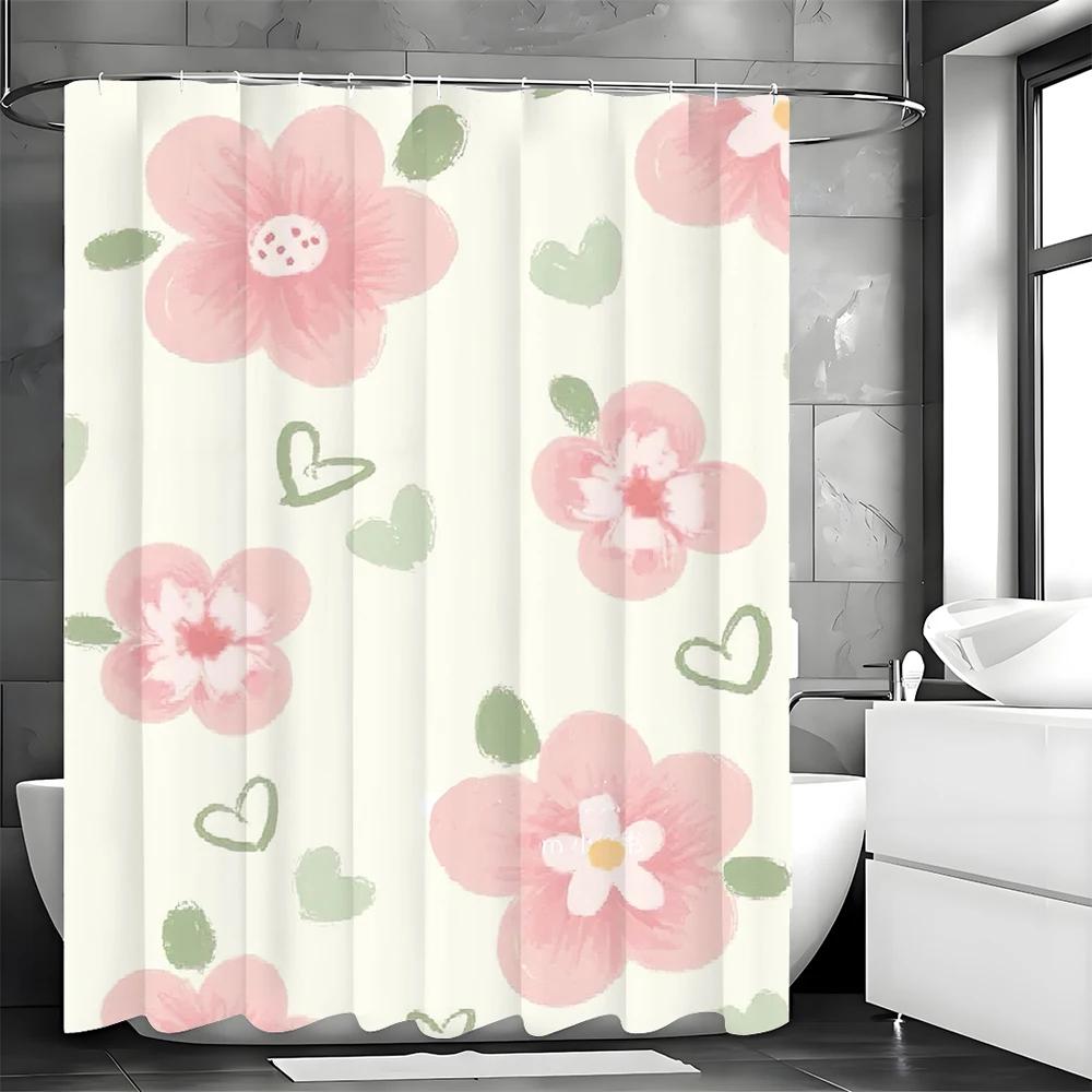 

Розовая шторка для душа с цветами, Декоративная шторка для душа для ванной комнаты, Водонепроницаемая шторка для душа с крючками 180x180см W90xH180cm