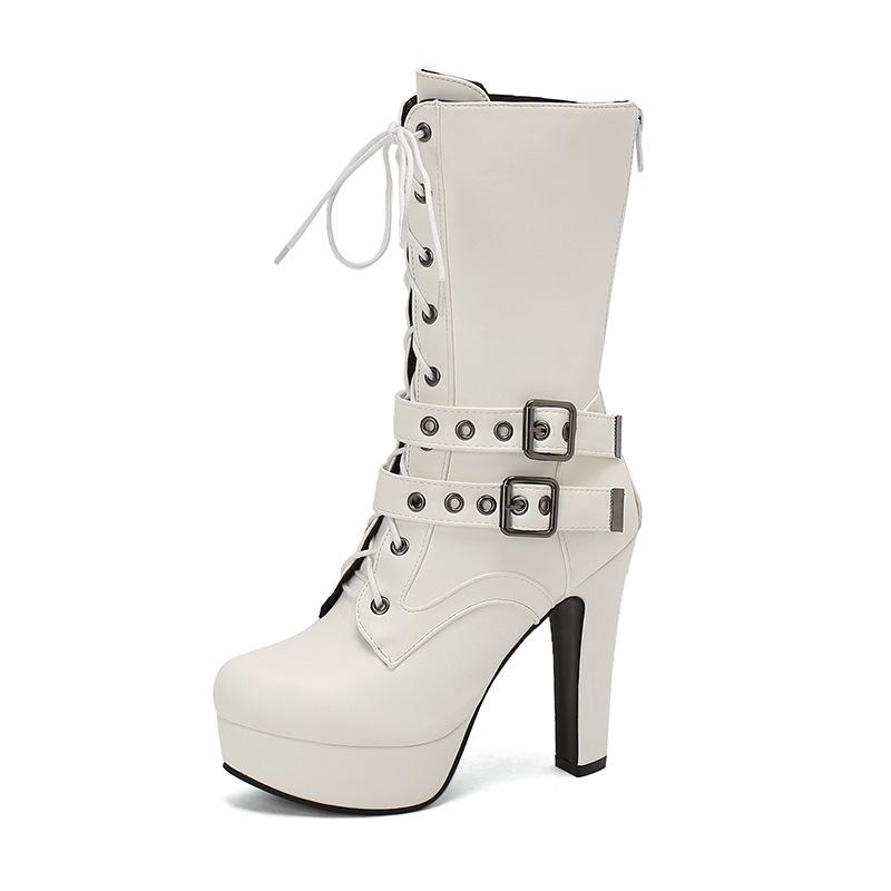 Women's Punk Style Lace-Up Mid-Calf Boot Belt Buckle Platform High Heel Short Boot Women White Round Toe 12cm Square Heel Shoes