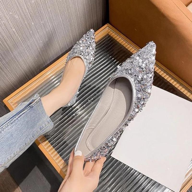 Fashion Women's Flat Shoes Pointed Toe Silver Elegant Party Black Ladies Footwear Low Heel Luxury Brand Fashionable Slip On Promotion 39
