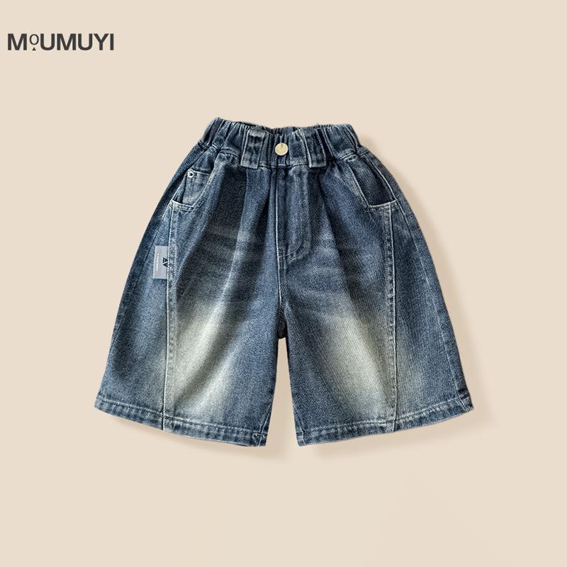 

2025 Summer Retro Korean Style Toddler Boys Denim Shorts - Trendy Mid-Length Five-Point Pants 90 cm синий