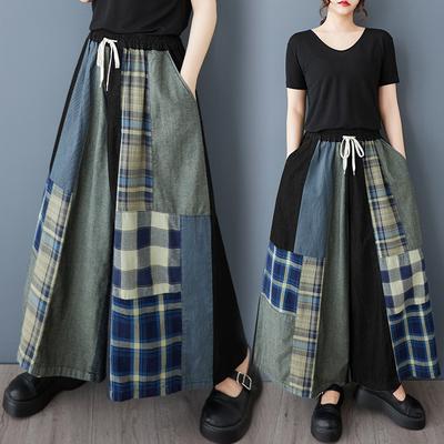 DIMANAF 2025 Spring Plus Size Jeans Long Pants Women Casual High Waist Elastic Basic Loose Plaid Wide Leg Pants