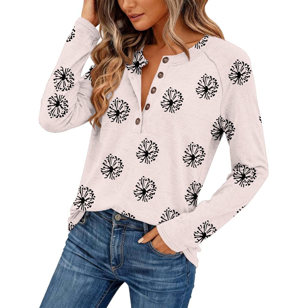 Dámský módní vintage top s květinovým potiskem, kulatým výstřihem a dlouhým rukávem