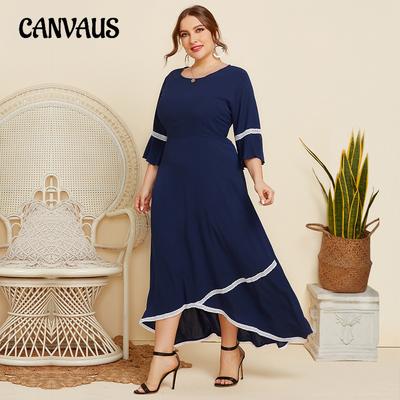 İlkbahar ve Yaz Kadın Elbise Büyük Boy Dantel Ekleme Yuvarlak Yaka Orta Kol Düz Renk Bol Elbiseler