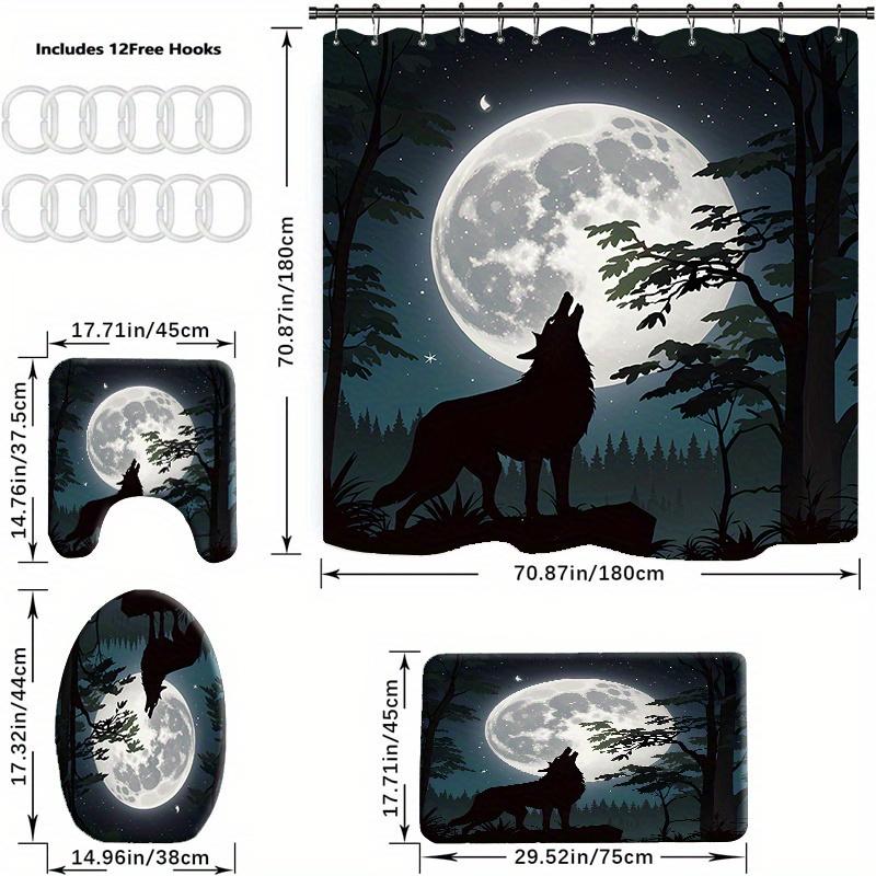 Wolves Howling At Night Shower Curtain Set With 12 Hooks, Bathroom Mat, Toilet Seat Cover & U-Shaped Rug - Polyester, All-Season