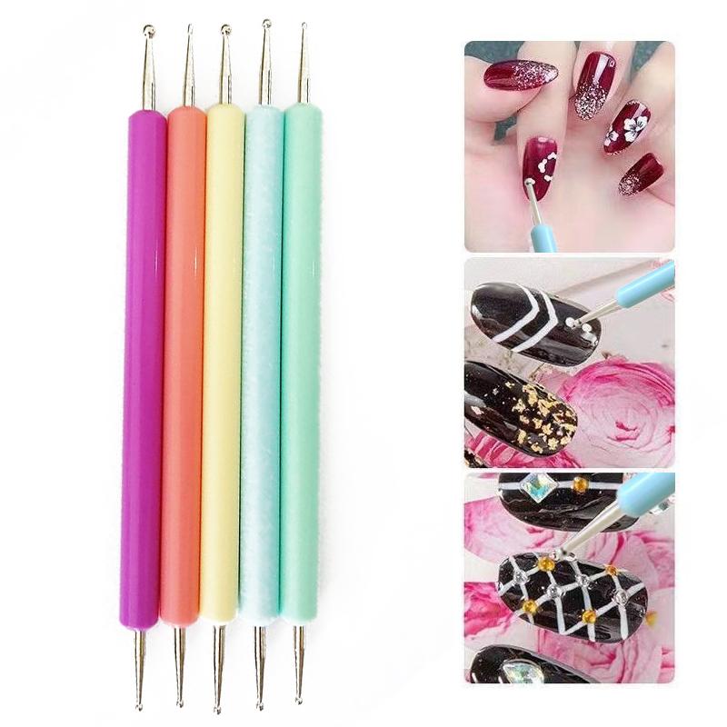 1/5 Pcs Professional Double Head Nail Art Dotting Pen Gradient Color Metal Nail Art Pen Rhinestones Pickup Pen Manicure Tools 5PCS