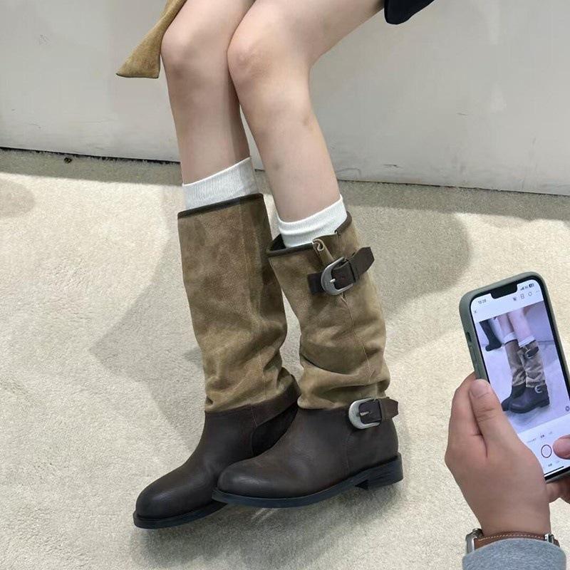 Color Matching Pleated Stacking Boots Women's Autumn and Winter New Long Tube Maillard High Boots Big Tube Circumference Western Cowboy Knight Boots