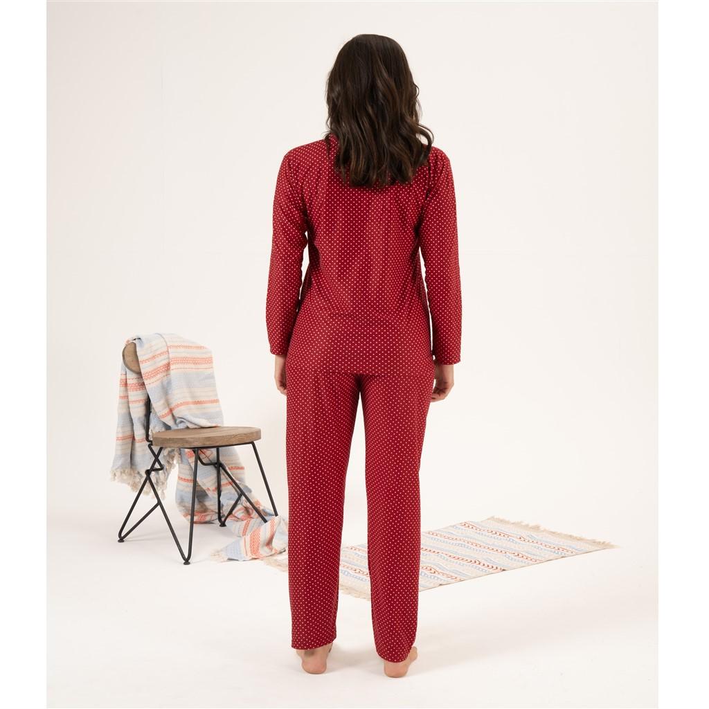 Estiva Set de pijamale pentru femei din piele intoarsa cu nasturi in fata cu model buline