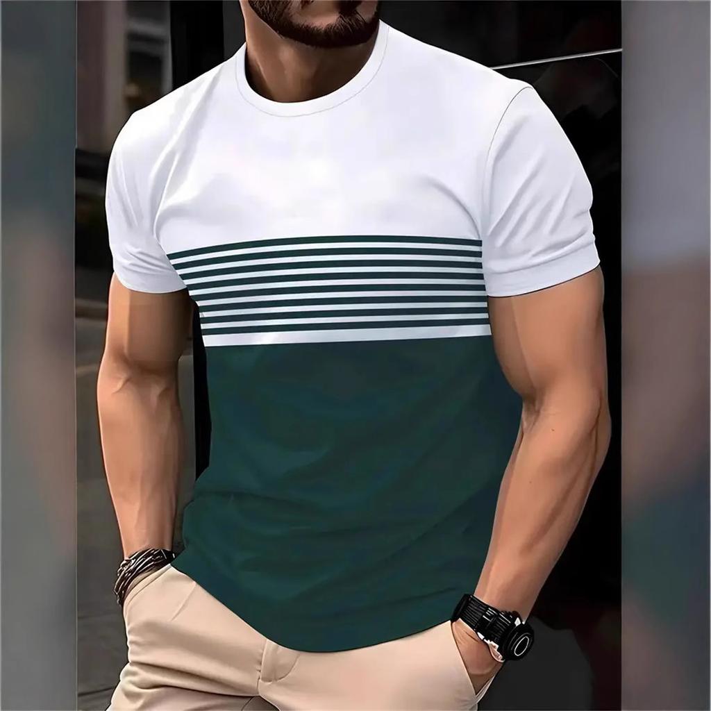 Casual Striped T Shirt For Mens Short Sleeve Tops Oversized O-Neck Pullover Street Men's Tee Summer Apparel