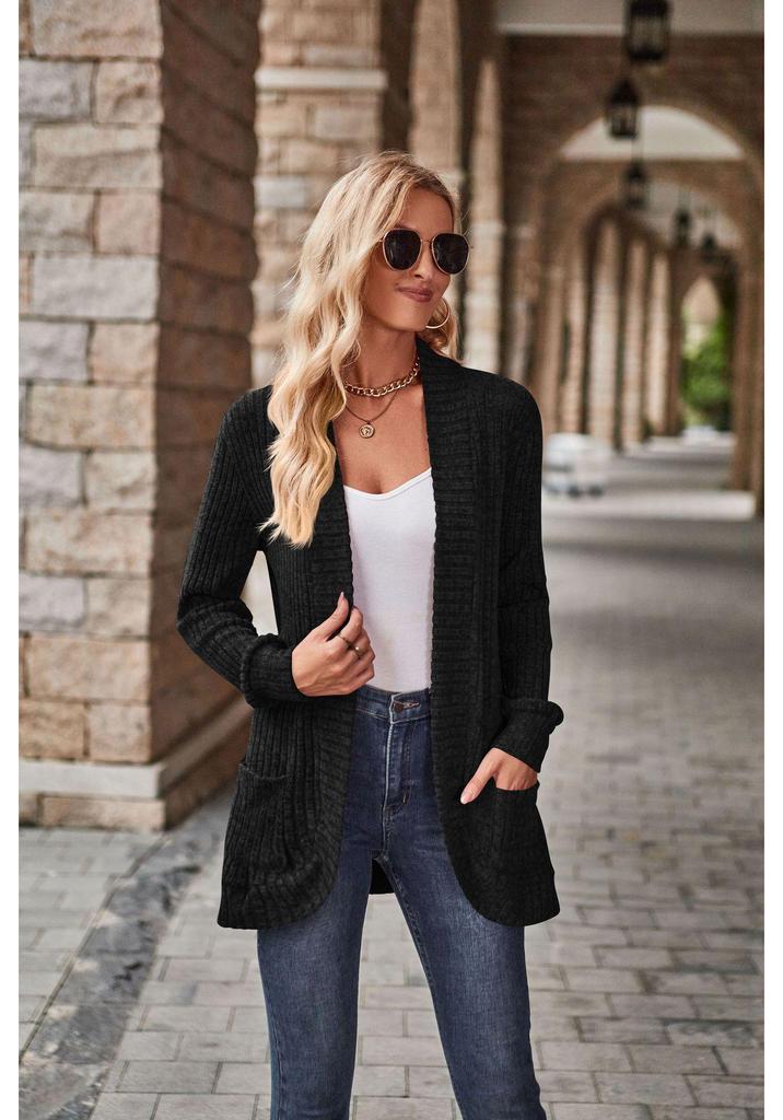 2025 Autumn Solid Color Ribbed Brushed Patchwork Long Sleeve Cardigan Jacket