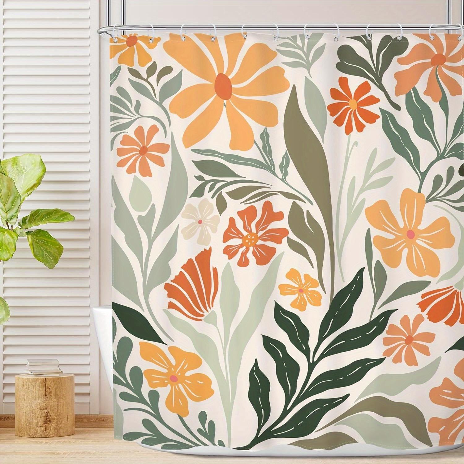

1 MESHELLY Boho Floral Shower Curtain - Abstract rustic sage green with orange, beige and teal flowers, polyester fabric 90X180cm