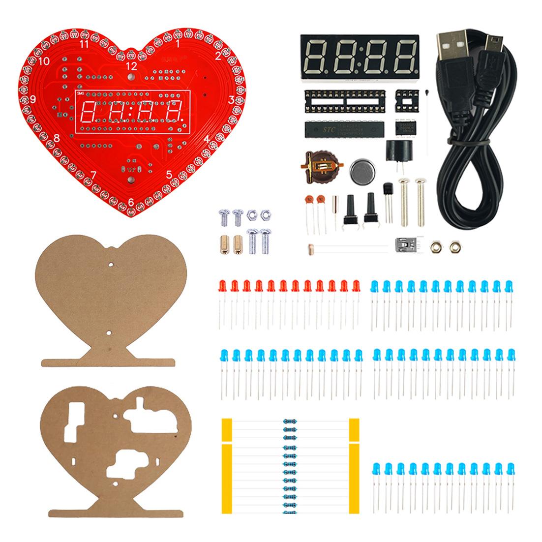 

DIY Kits Electronic Clock Heart-shaped Flash LED Love Creative Gifts DIY Sodering Kit Time/Temperature Display for Beginner красный