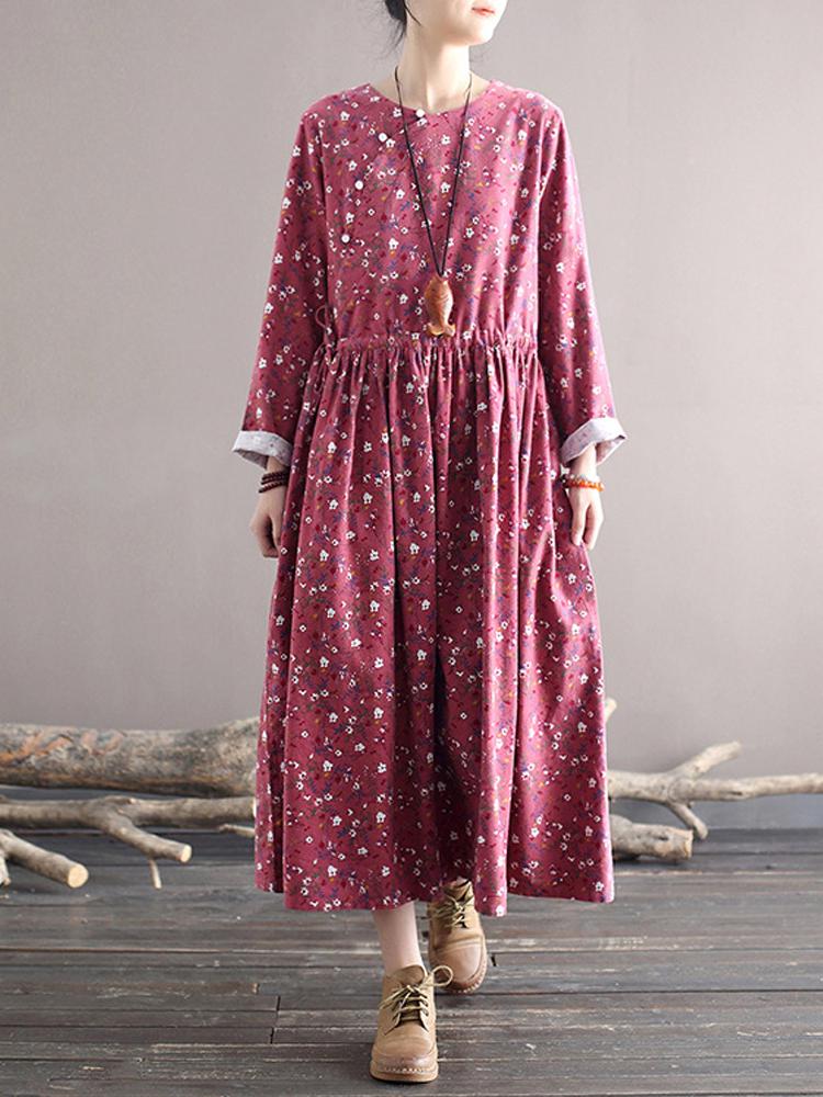 Johnature Women Chinese Style Vintage Dresses Long Sleeve Print Floral Robes Spring Button Women Clothes Soft Dresses