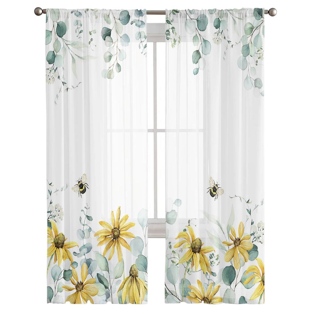 Pastoral Eucalyptus Persimmon Bedroom Transparent Sheer Curtains Holiday Decoration Window Voile Tulle Curtain