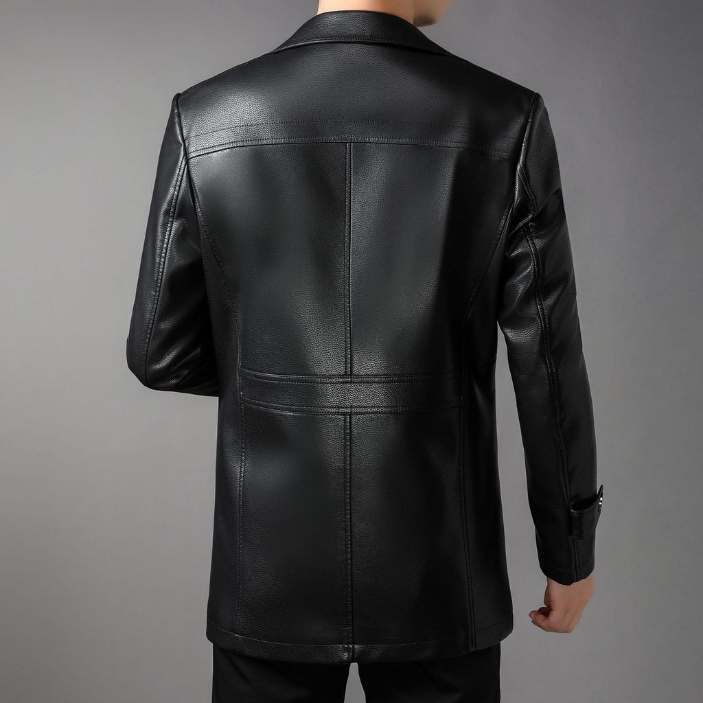 Mid-length Velvet Leather Jacket for Men In Autumn and Winter, Classic and Fashionable Korean Style Single-breasted Suit Collar Mid-leather Jacket
