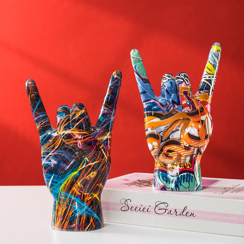 Graffiti Rock On Hand Statue Model Gesture Figurines 20cm Music Band Room Bookshelves Desktop Living Room Decor Modern Art Pop