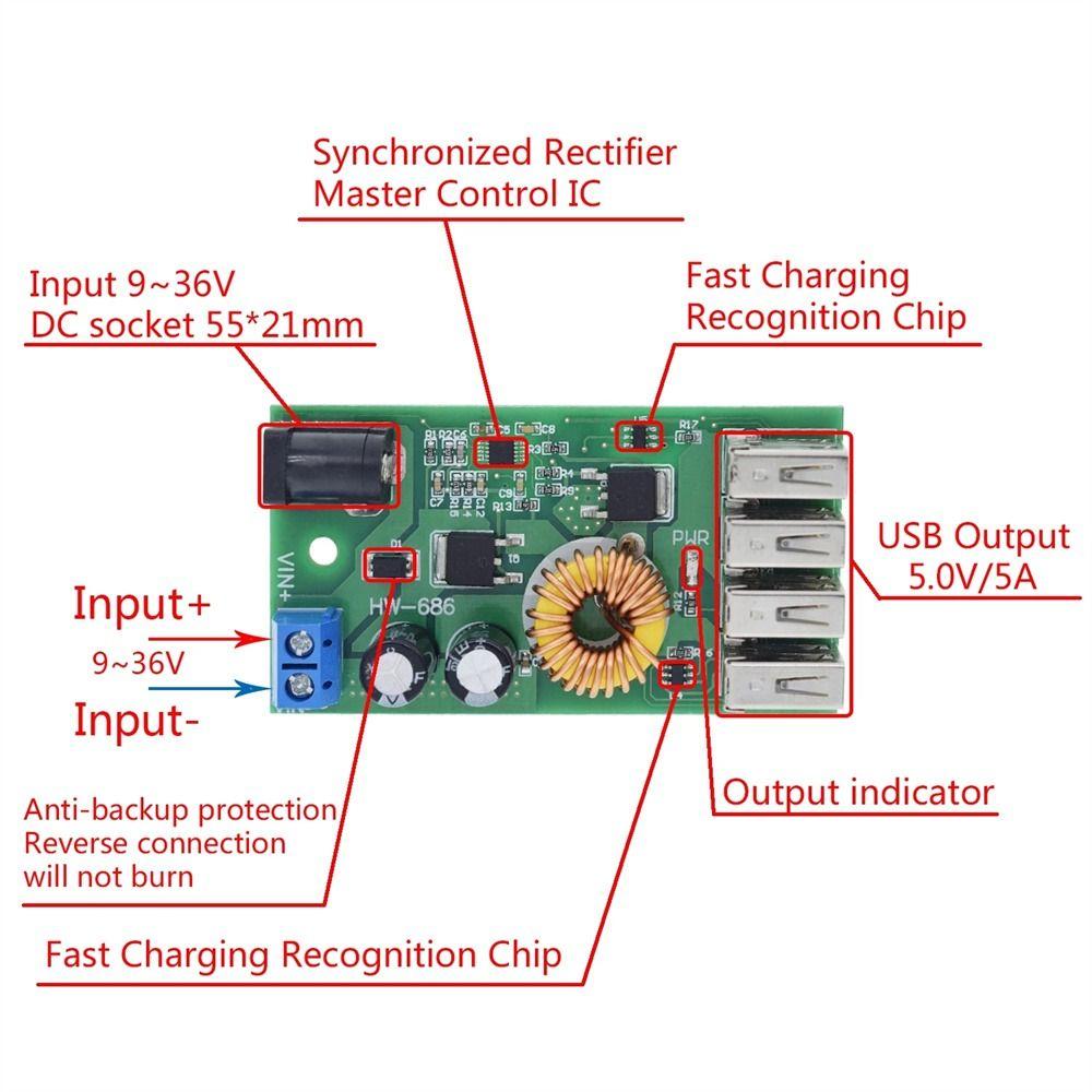 To 5V 4 Port USB Power Supply Module Step-down Module Buck Converter Charging Board Step-down Board