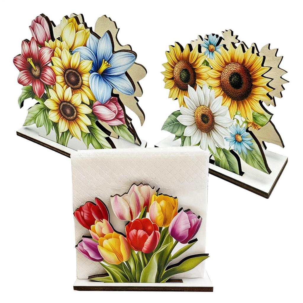 3 Stück Schöne Sonnenblumen Tulpen Holz Taschentuchhalter Blumenförmiger Taschentuchspender Kreativer Serviettenhalter Dekoration