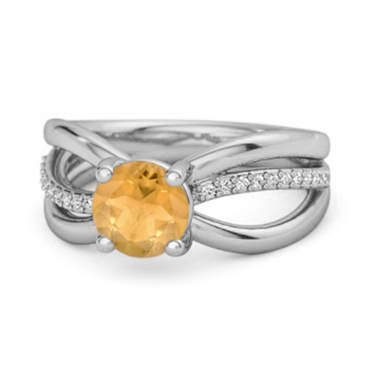 Citrine Crossover Pave Band Design Ring- 925 Sterling Silver 6.5 белый