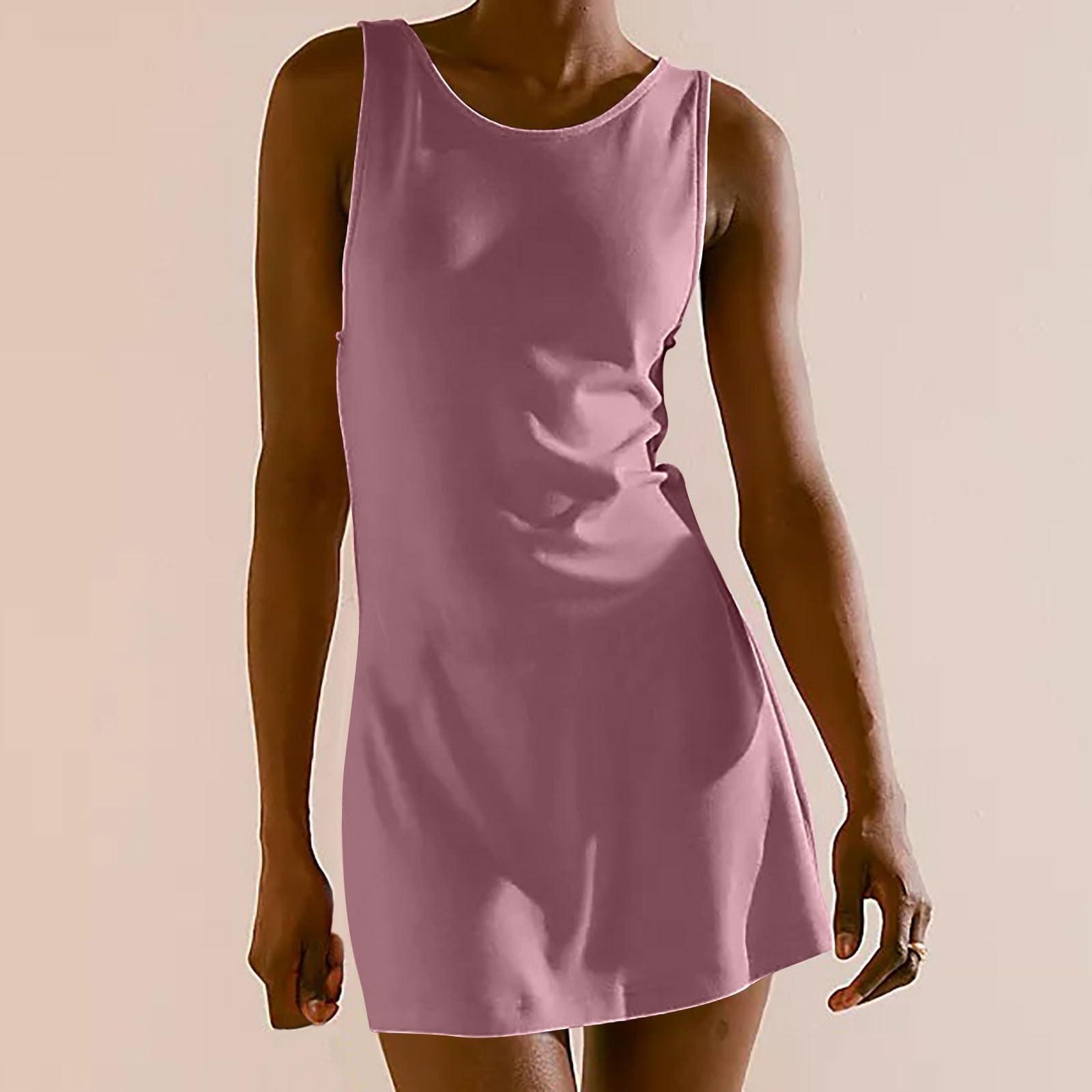 

Sleeveless Round Neck Mini Dress for Women Solid Basic Casual Straight Fit Lightweight Soft Fabric Dress XL