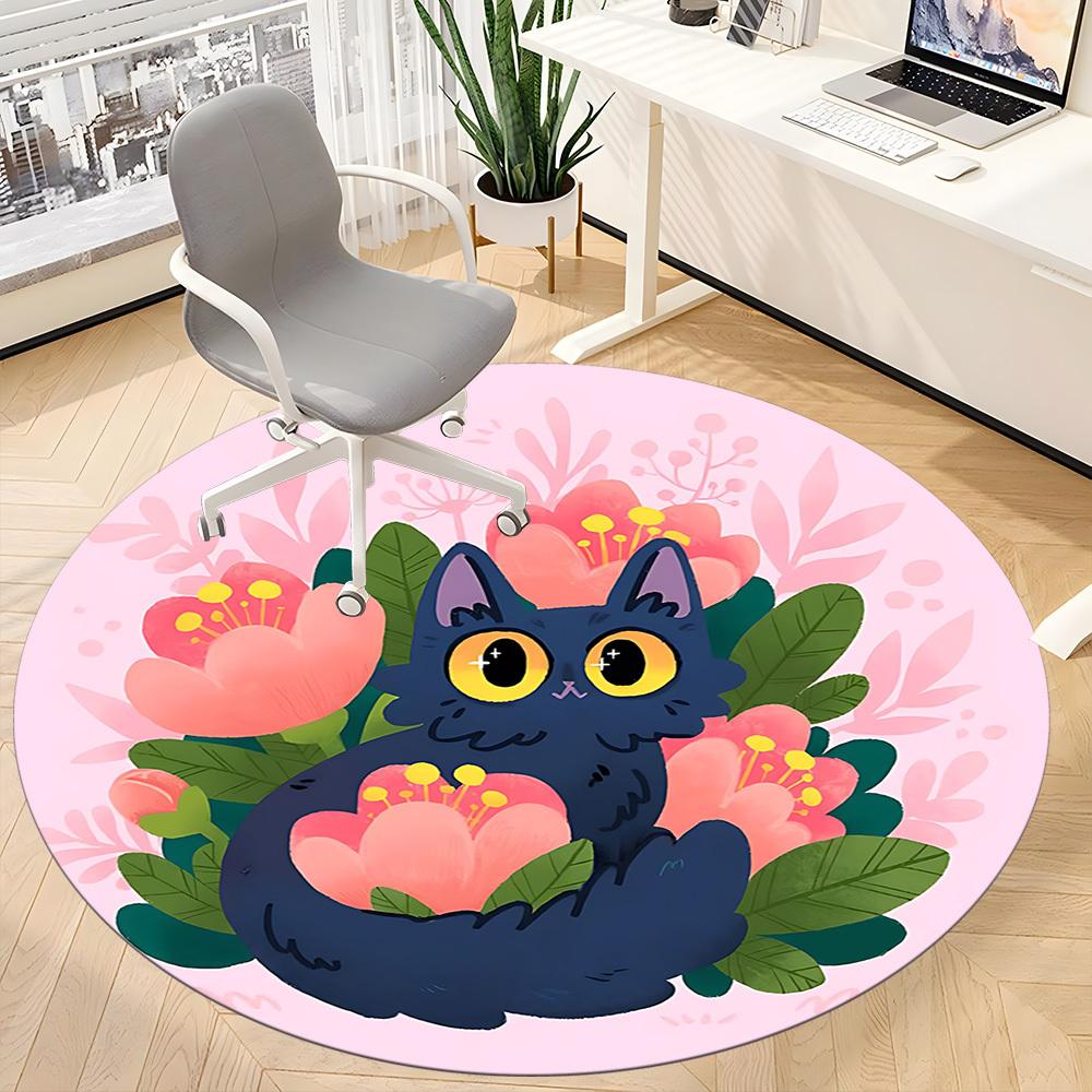 1pc Floral Cat Office Round Area Rug,  Mat Suitable For Office, Under Office Chairs Bedroom Living Room Home Decor, Room Deco