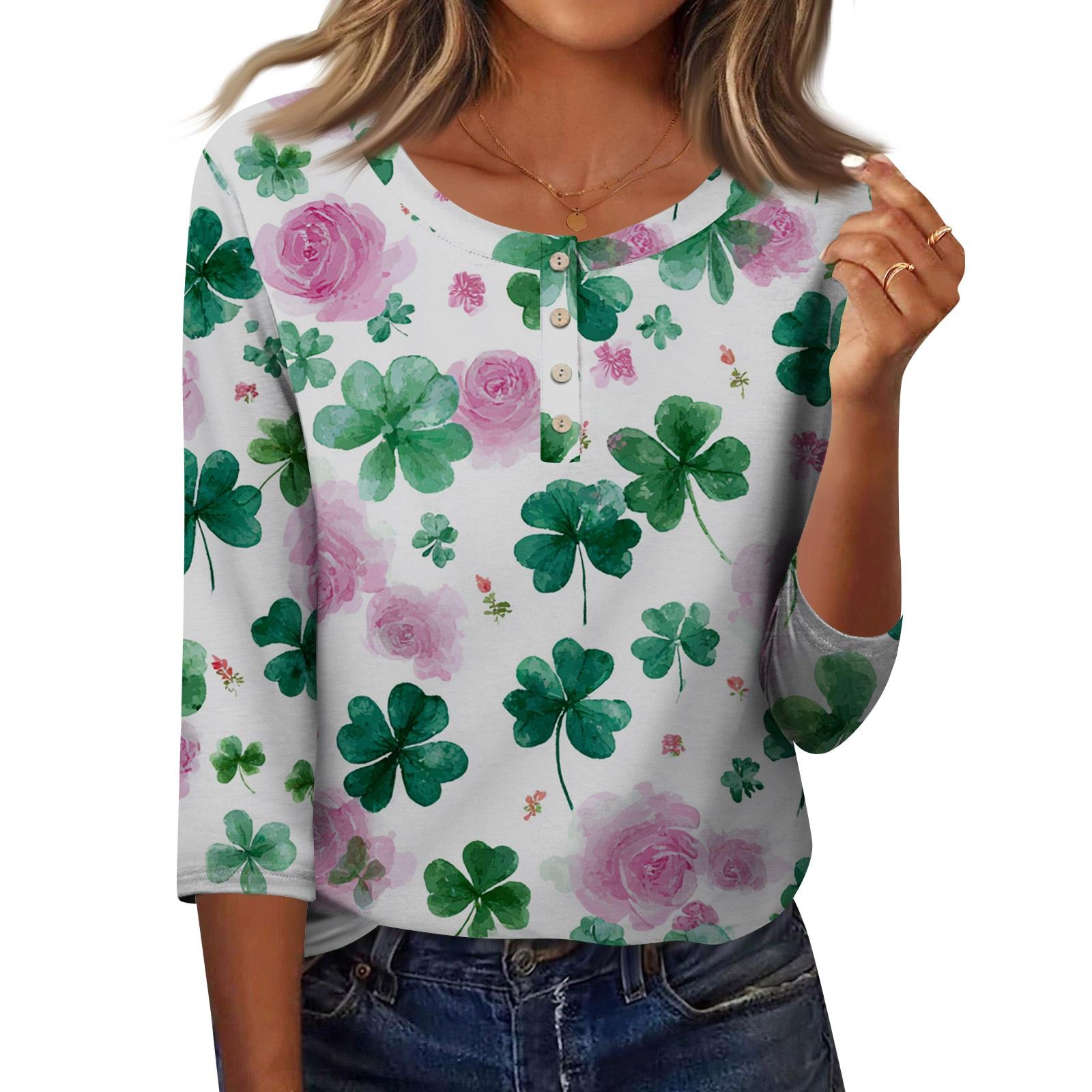 

Рубашки с рукавом 3/4 для женщин Рубашка на пуговицах Топ для женщин Половина застежки на пуговицах Принт Графическая блузка M розовый