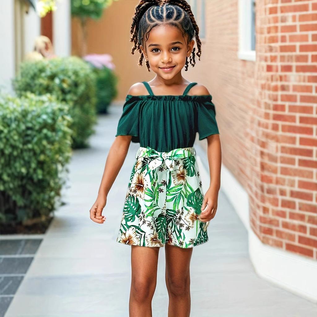 Girls' Stylish Floral Print Combination Jumpsuit Summer Kids' Sweet Jumpsuit