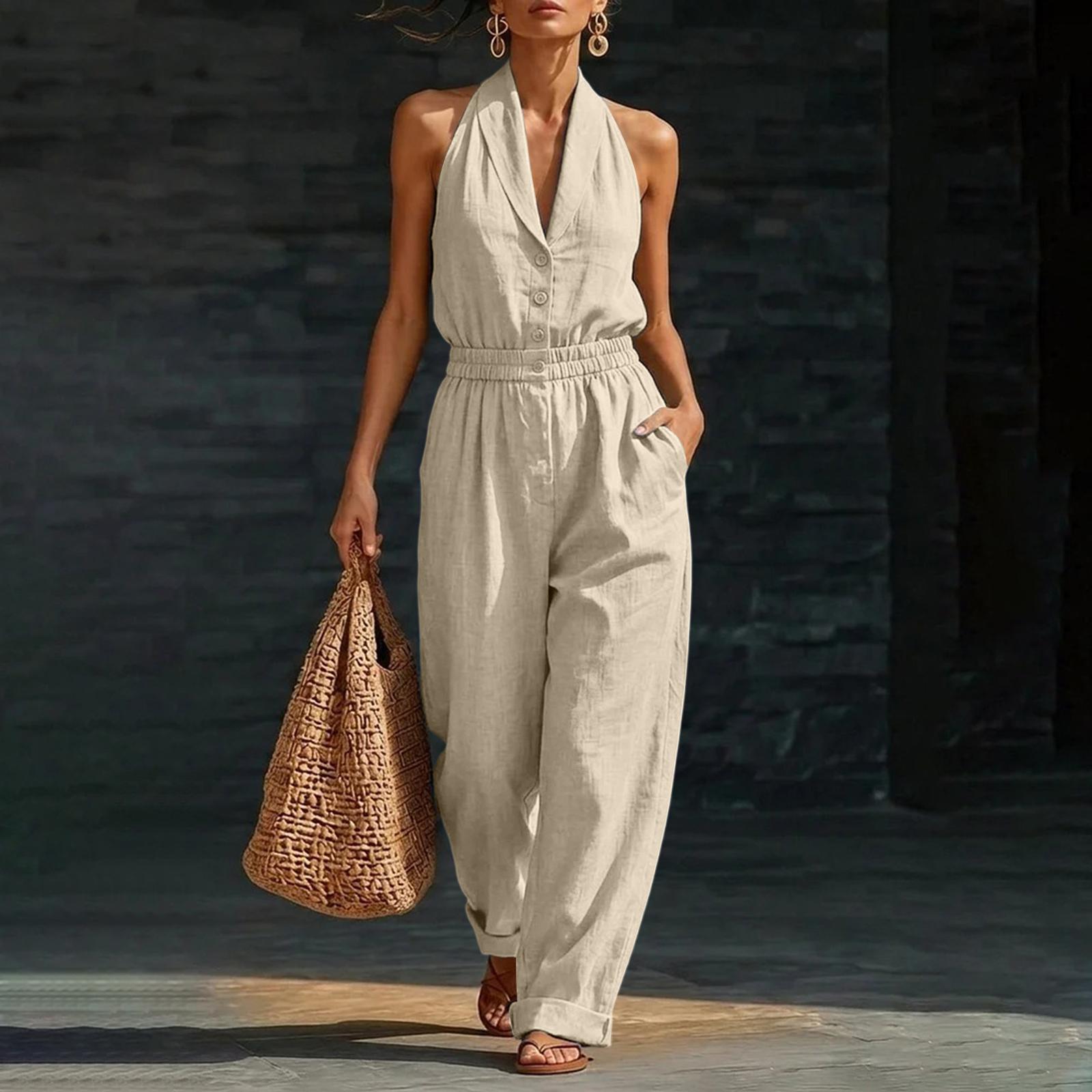 

Women s Color, Elegant And Comfortable Sleeveless Jumpsuit L бежевый