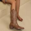 Fashion Spring and Fall Fashion Pointy Solid Color Women's Mid-calf Boots with Mid-heel Sleeves Embroidered Western Cowboy Boots