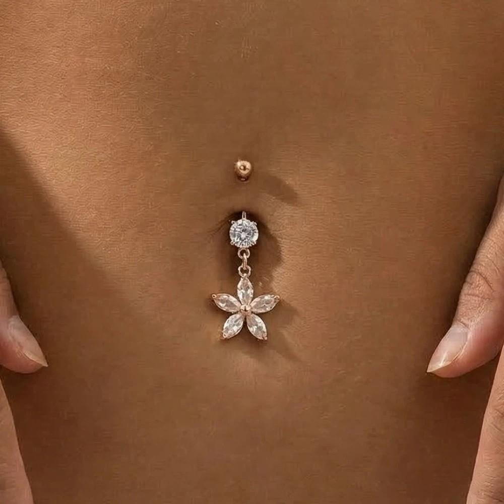 Dual Color Rhinestone Piercing Belly Dangled Design Flower Rhinestone Belly Ring  Seaside Vacation