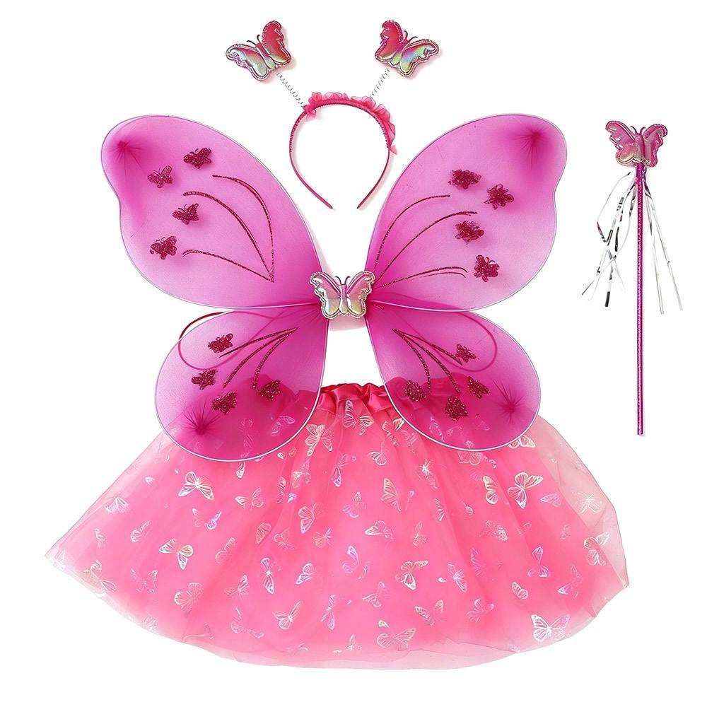 4Pcs/Set Fairy Princess Costume Butterfly Wings Puff Skirt Butterfly Wing Set Headband Fairy Wand Princess Party Costume