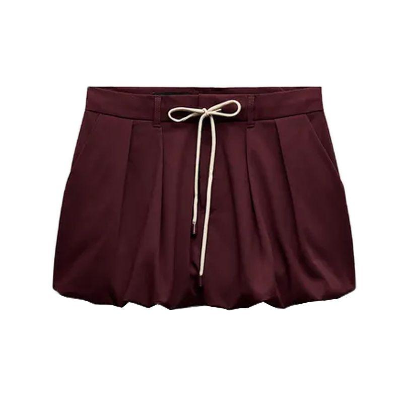 

Spring New Arrival Women s Fashion Casual Skirt Lace up All-Match Mid-Waist Lantern Mini Skirt 3152514 Dark red L
