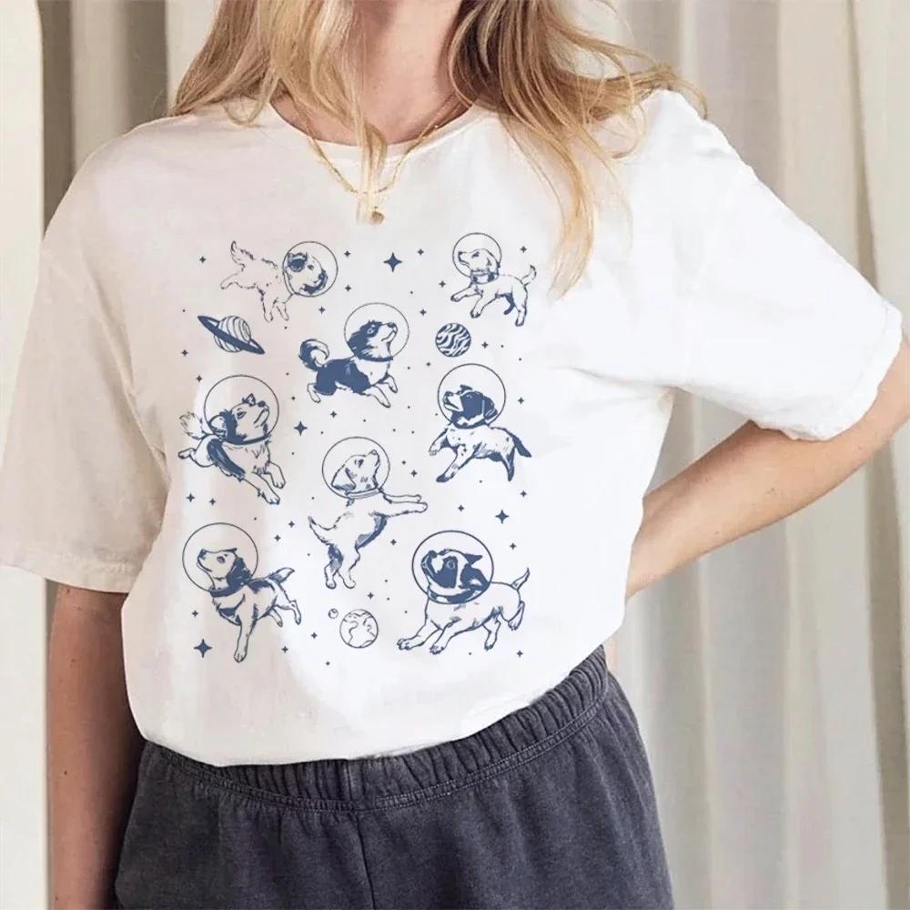 Retro Dogs in Space Funny Galaxy Printed Summer Top TShirt Summer Cartoon Pattern ONeck Casual Style TShirt Women Clothing S