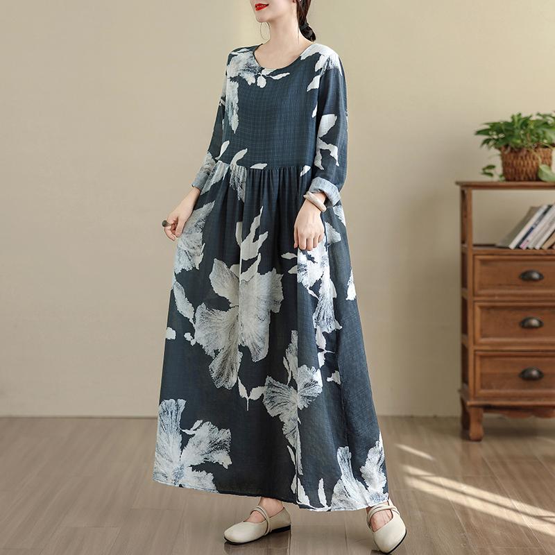 DIMANAF New 2025 Women Plus Size Spring Long Dress Loose Basic Vintage Oversize Long Sleeve Maxi Floral