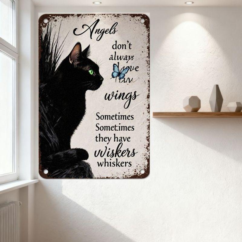 Vintage Black Cat Blue Butterfly Tin Sign 'Angels Don't Always Have Wings' Whimsical Whiskers Metal Wall Decor with Rusted Borde