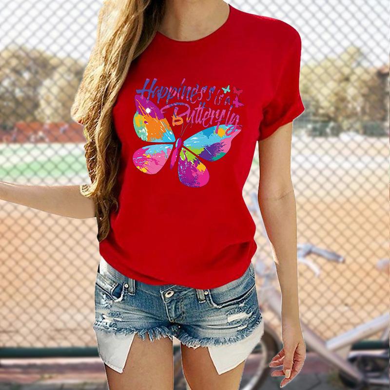 

cotton 100% Europe and United States Summer Women s Round Neck Butterfly Print Short-sleeved Women s T-shirt Tops Oversized XS